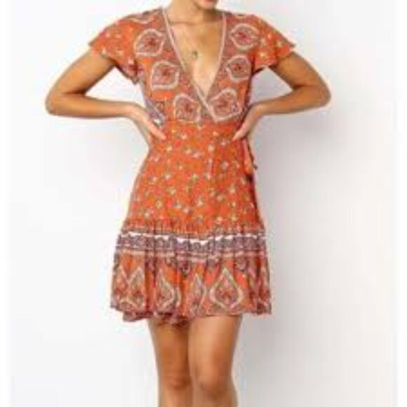 R. Vivimos Orange and Purple Bohemian Patterned Mini Wrap Dress Size 12 - Picture 2 of 9